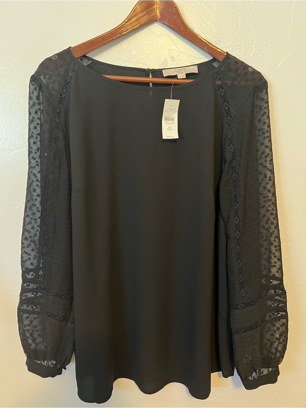 NWT LOFT Plus Long Sleeve Crew Neck Sheer Feminine Blouse Lace Sleeves Size 16